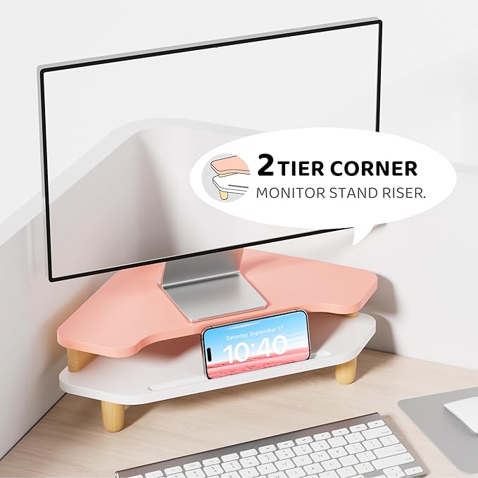AFOOYO Monitor Stand Riser,2 Tier Corner Wood Sturdy 16.5In Computer Stand, Multi-Purpose Desktop Storage Stand for Laptop,PC,iMac,Printer,Computer,Pink