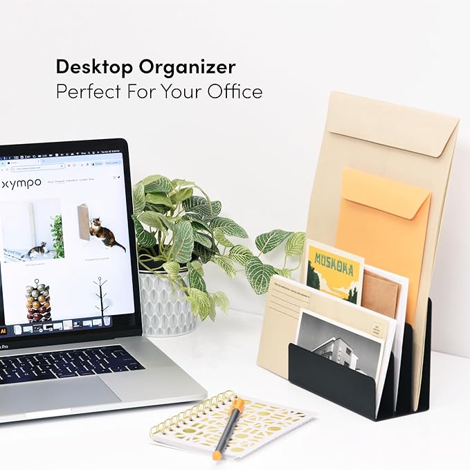 xympo Desktop Mail Organizer – 3-Slot Black Metal Letter Holder and Bill Sorter for Office and Home