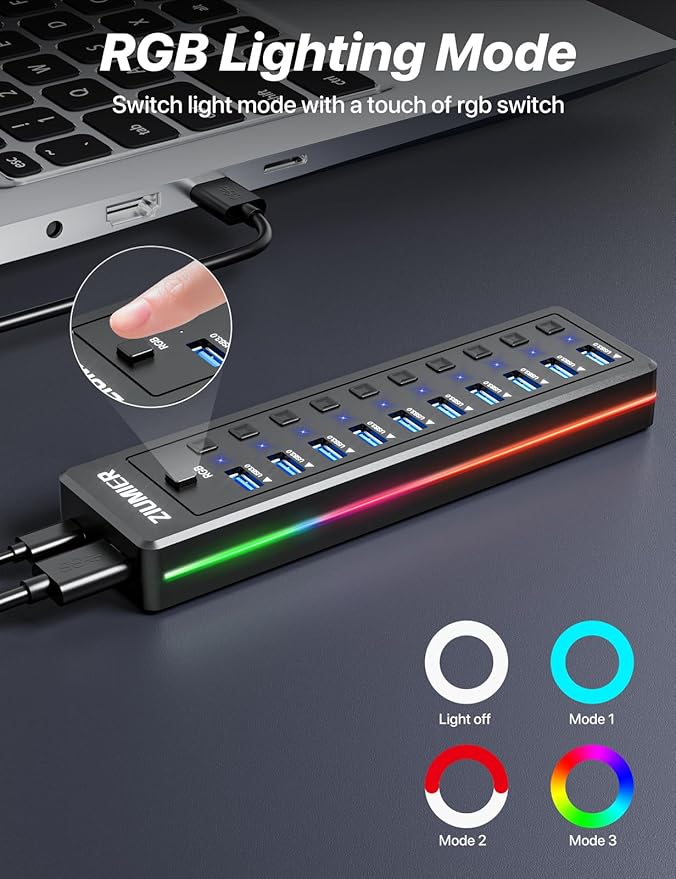 Powered USB Hub, 10-Port USB 3.0 Hub with RGB LED Strip -5Gbps Data Transfer,Individual LED On/Off Switches and 12V/2A Power Adapter for Laptop, PC, Mouse, Keyboard, Hard Drive or More USB Devices.