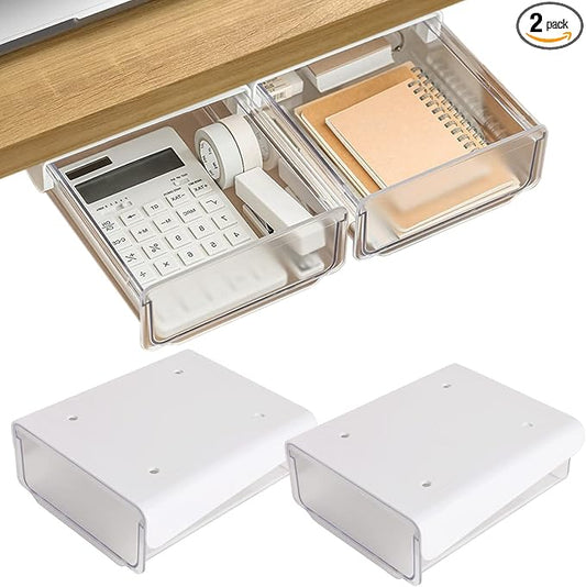 OSPNIEEK Self-adhesive Under Desk Drawer Organizer, 2 Pack Table Hidden Slide Out Large Storage Mounted Desktop Pencil Holder Tray Drawers for Office Home School Stationery Kitchen (White)