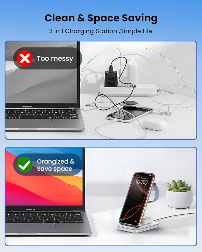 3 in 1 Wireless Charging Station, Wireless Charger Stand for Multiple Apple Devices, Wireless Charger for iPhone 17 16 15-11 Pro Max XS XR 8, Apple Watch 11 9 8 7 6 SE 5 4 3 2, Air Pods 3/2/Pro