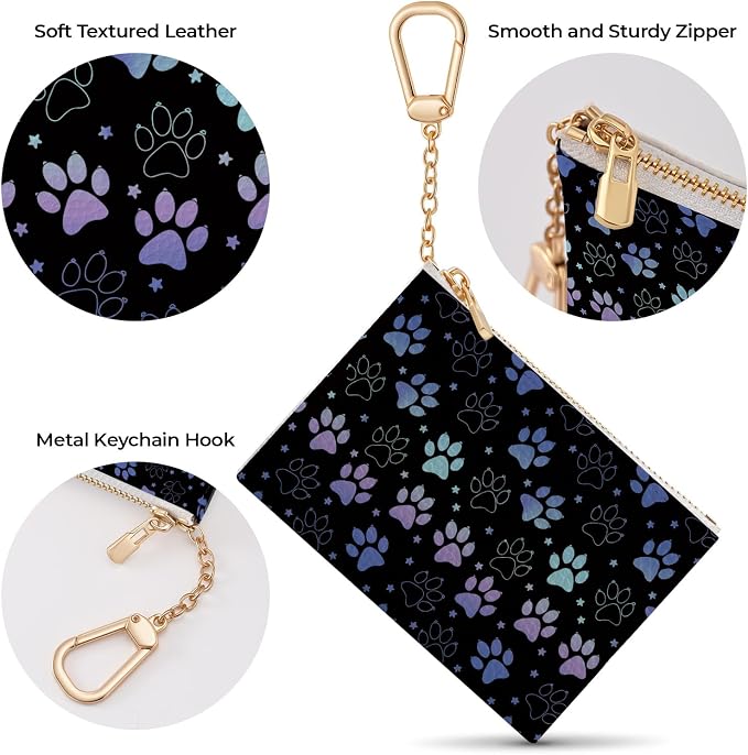 Dog Paw Cute Keychain Coin Purse for Women, Small PU Leather Change Pouch, Zipper Little Travel Credit Card Wallet for Girls, Tiny Zip Pocket Coin Holder with Key Ring for Ladies Gifts