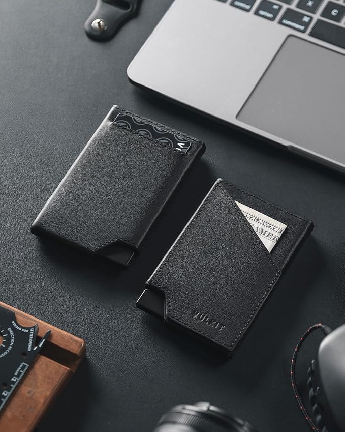 VULKIT Pop up Card Wallet Top-Grain Genuine Leather RFID Blocking Slim Aluminum Metal Bank Card Holder Case with Business Money Pocket for Credit Cards Notes and Coins Black