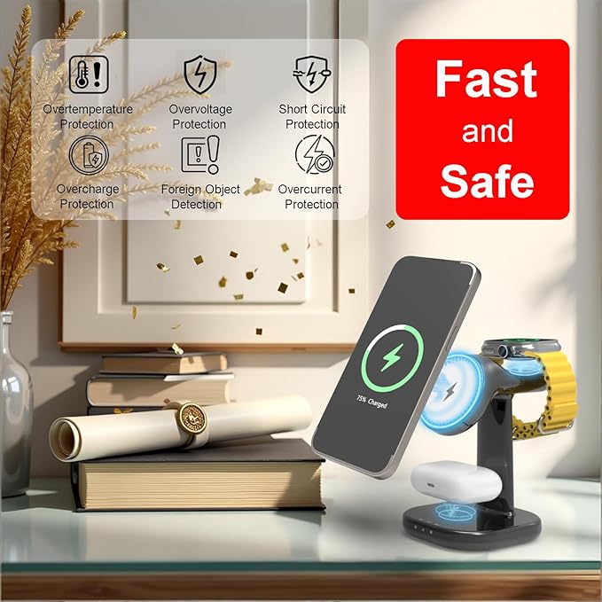 3 in 1 Wireless Charging Station for Magsafe Charger Stand,Magnetic Phone Charger for iPhone,for Apple Watch,for Airpods,for Magsafe Charging Station (Black)