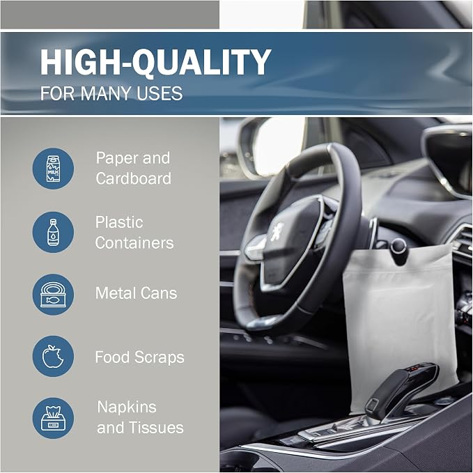 12x15 White Disposable Car Trash Bags, Leak-proof, Medium Size, 50 Pack, 2 Mil Thick, with Die-Cut Handles by PPB