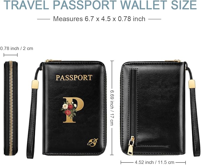 Passport Holder for Travel Wallet Women Zipper Wallets Personalized Passport Holder Cover Initial Letter Rose Flower Passport Book Holders RFID Blocking Credit Card Holder, P