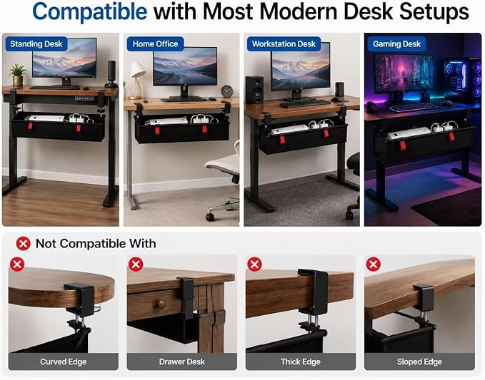 Under Desk Cable Management Tray, 90CM Extra Large, No-Drill Clamp Mount Cable Organizer, Hide Power Strips, Adapters & Wires, Easy Access Fabric Cable Basket for Standing Desks & Home Offices