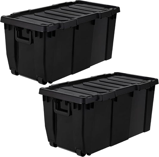 IRIS USA 32 Gallon Heavy Duty Rolling Storage Bin with Lid, 2 Pack Extra Large Stackable Industrial Tote, Lockable Container with Wheels and Secure Latches for Garage, Basement, Camping, Tools, Truck