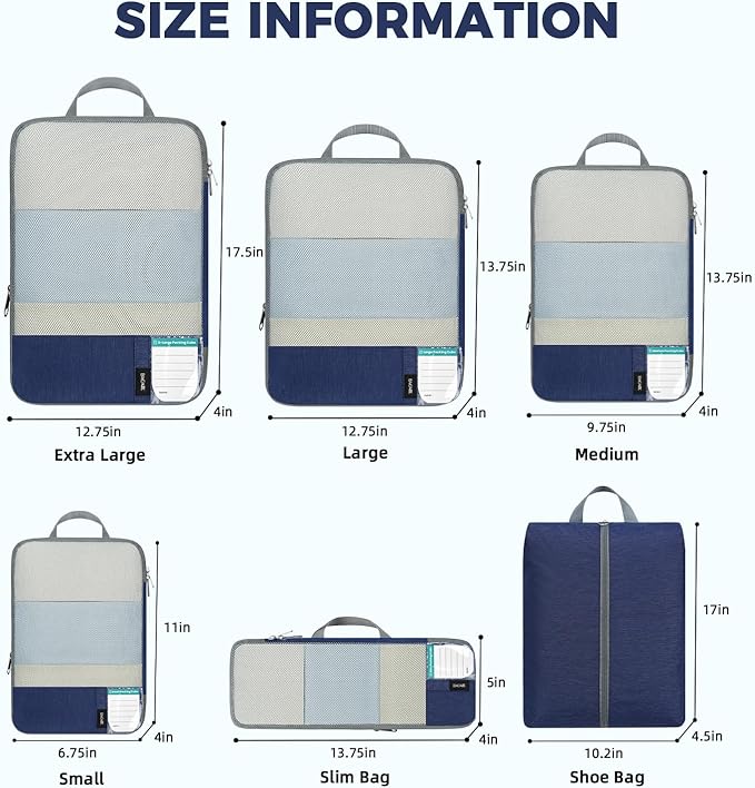 BAGAIL 6 Set Lightweight Compression Packing Cubes with Packing List, Anti-Tearing Expandable Organizer Bags for Travel, Navy