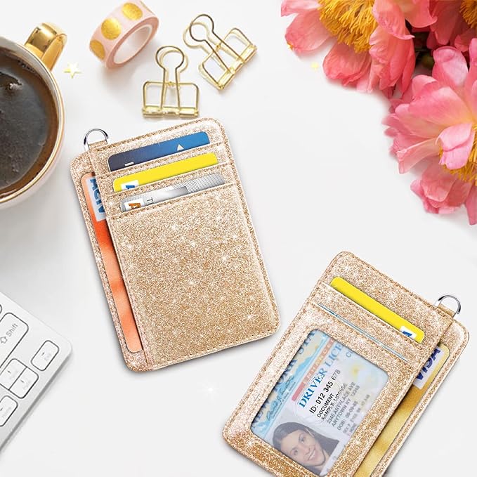 Coco Rossi Slim Front Pocket Wallet RFID ID Card Holder Cute Small Wallet with Keychian for Women,Champagne Gold Glitter