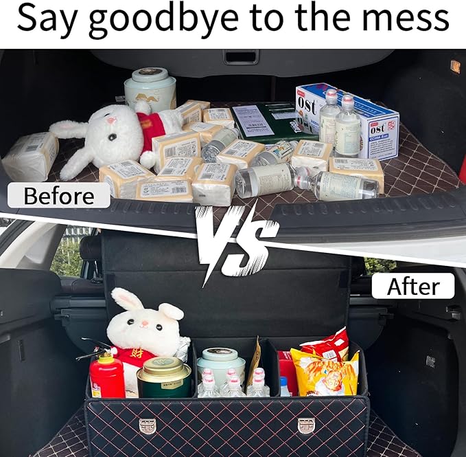 Car Trunk Organizer with Lid,Foldable Faux Leather Cargo Storage Box,3 Compartments,Collapsible Multi-Functional for SUV,Sedan,Vehicle Trunk