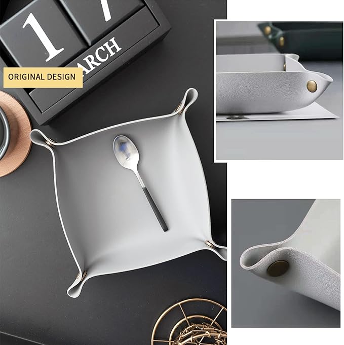 Leather Jewelry Valet Tray, Small Catchall Tray, Key Tray for Entryway Table, Nightstand, Suitable for Travel, Storage, Home or Office (Light Grey-S)