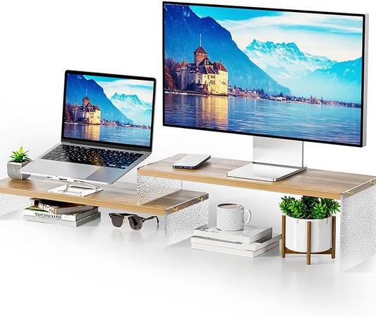 Adjustable Monitor Stand Riser with Acrylic Legs丨7.67" Wide Dual Monitor Stand for Desk丨2-Tier Wood Desktop Organizer for Computer, Laptop, Printer & PC丨Modern Aesthetic Desk Shelf(wood-glacial striae)