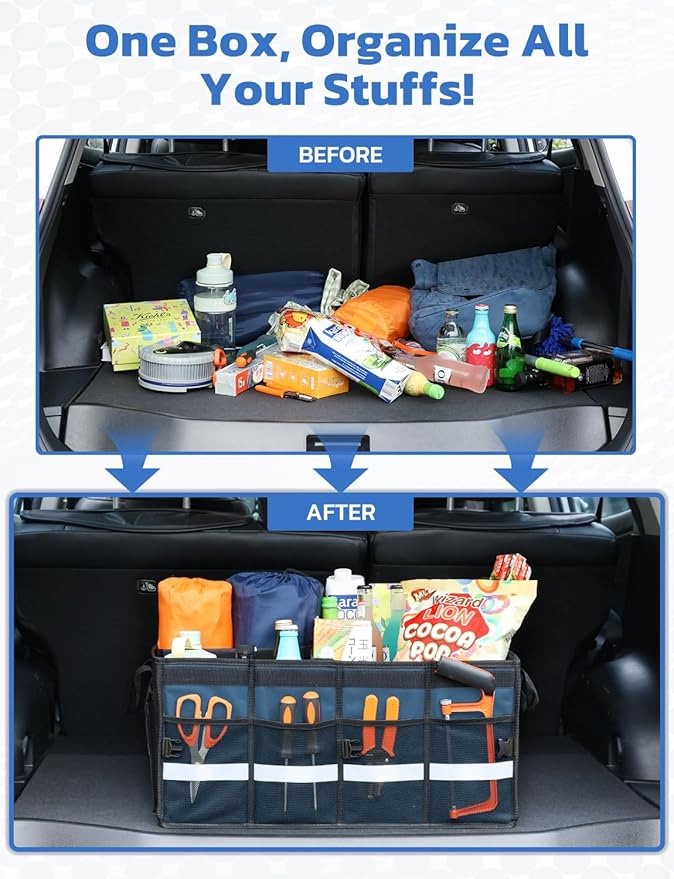 Oasser Car Trunk Organizer Collapsible Multi Compartments Trunk Organizer for SUV with Foldable Cover Reflective Strip