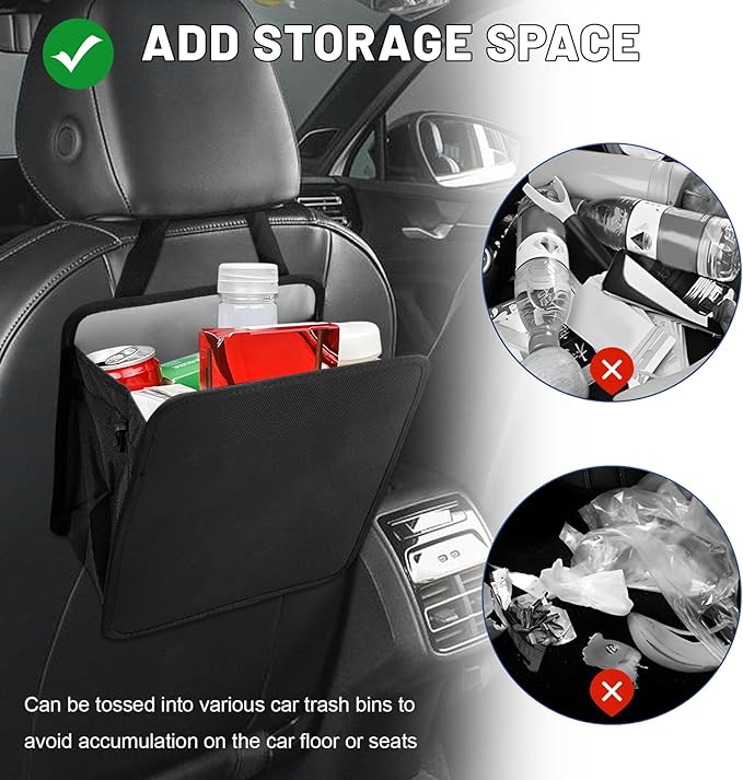 Sun Walker 2 Gallon Open-Top Car Trash Can, Waterproof Hanging Stand Trash Bag Back Seat Organizer with Adjustable Strap, Foldable Storage Container Garbage Bag for SUV Truck RV (Small)
