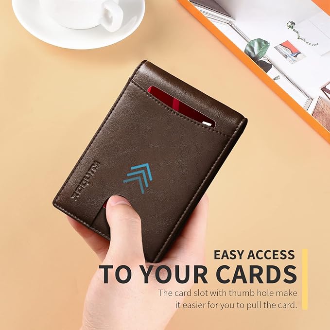 RUNBOX Slim Wallet for Men Genuine Leather RFID Blocking Bifold Minimalist Front Pocket Mens Wallet with Money Clip Thin Gift Box