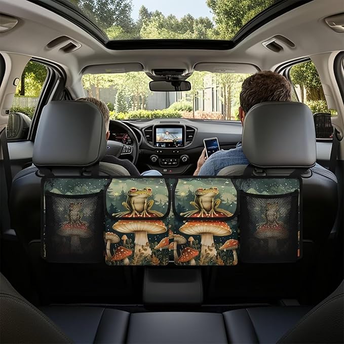 Mushroom Car Trunk Organizer,Frog Pattern Backseat Hanging Organizer with 4 Large Storage Pockets,Trunk Bag for Car,SUV,Truck,Van Kids Travel Not Easy to Fade Machine Washable