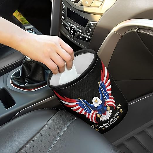 250TH Anniversary of America Flag Eagle Car Front Seat Can Foldable Auto Console Center Back Seat Garbage Container Bag Kitchen Rubbish Bin Fashion Vehicle Organization Basket