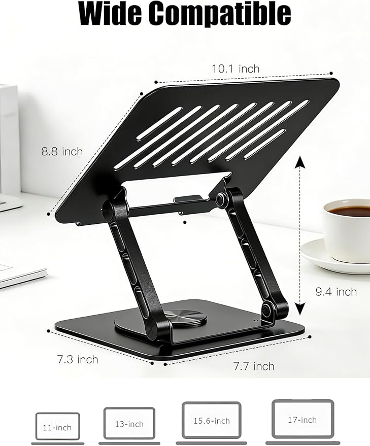 Adjustable Laptop Stand with 360 Rotating Base, Computer Stand for Laptop Ergonimic Foldable Laptop Riser for Desk Compatible with MacBook Pro/Air Notebook up to 16 Inches, Black