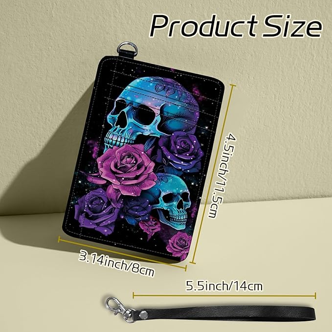 Small Travel Wallets, Neon Sugar Skull Slim Minimalist Front Pocket Wallet with Wristlet, RFID Blocking PU Leather Credit Card Holder with ID Window Change Purse for Men Women