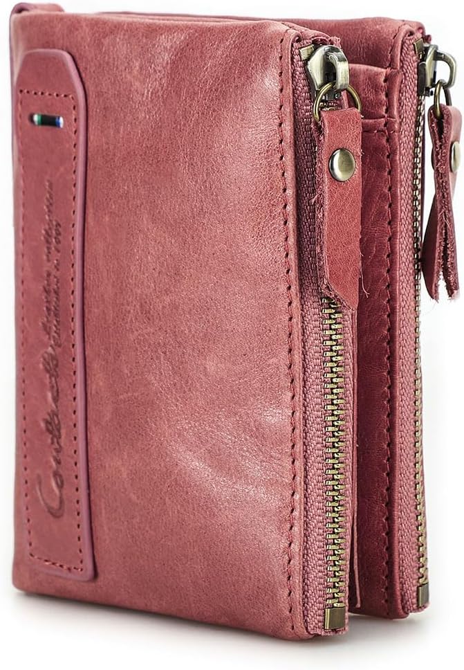 CONTACTS Soft Leather Wallet for Women Small Bifold Coin Purse Double Zipper Card Holder with RFID Blocking (Rose Tan)