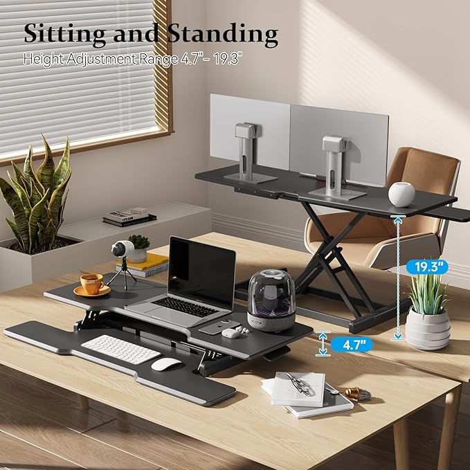 42 inch Standing Desk Converter, Height Adjustable Desktop Standing Desk with Keyboard Tray for Two Monitors, Sit to Stand up Desk Riser Computer Workstation for Home Office, Black