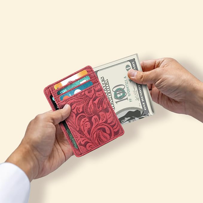 Real Leather Slim Minimalist Wallet for Men and Women -RFID Blocking Front Pocket Thin Credit Card Holder Stylish Wallets (Red1)