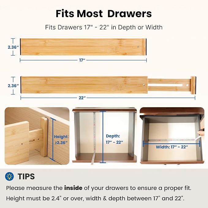 4 Pack Drawer Dividers, 2.36" Bamboo Expandable Drawer Organizers, 17-22" Adjustable Tension Separators, Standard Drawer Dividers for Kitchen, Bedroom Dresser, Baby Nursery & Bathroom