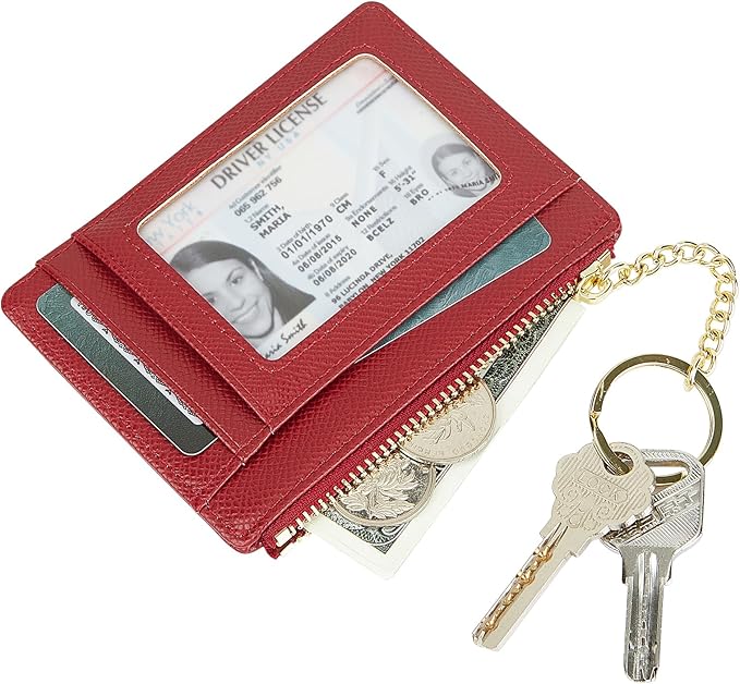 Women's Slim Minimalist Card Holder Coin Changes Purse Keychain Front Pocket Wallet With ID Window