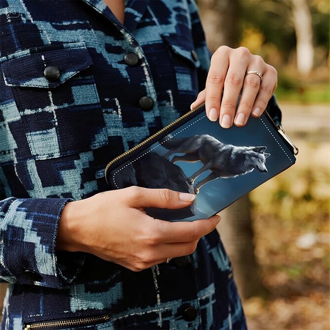 Women's RFID Blocking Zip Around Wallet with Detachable Wrist Strap, Large Capacity Credit Card Holder Organizer for Everyday Use,Wolf Moon Night