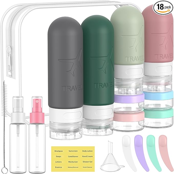 ME.FAN 18 Pack Travel Bottles for Toiletries, TSA Approved Travel Size Containers Set, Silicone Squeezable Portable Split Bottle, Travel Accessories for Conditioner, Shampoo, Lotion - Morandi