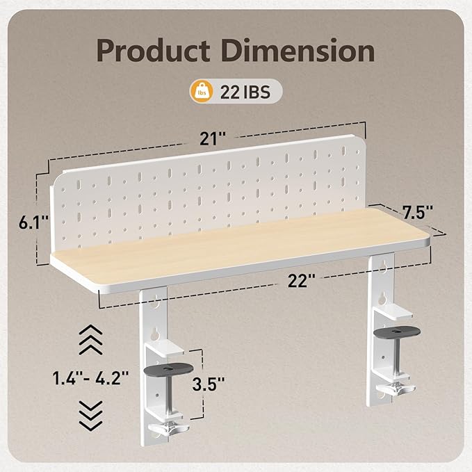 3 in 1 Clamp-on 22"×7.5" Desk Extender, Heavy-Duty Side/Top Desk Organizer Shelf, Adjustable Desktop Storage for Office Accessories, Monitor and Laptop Riser, Pegboard Included
