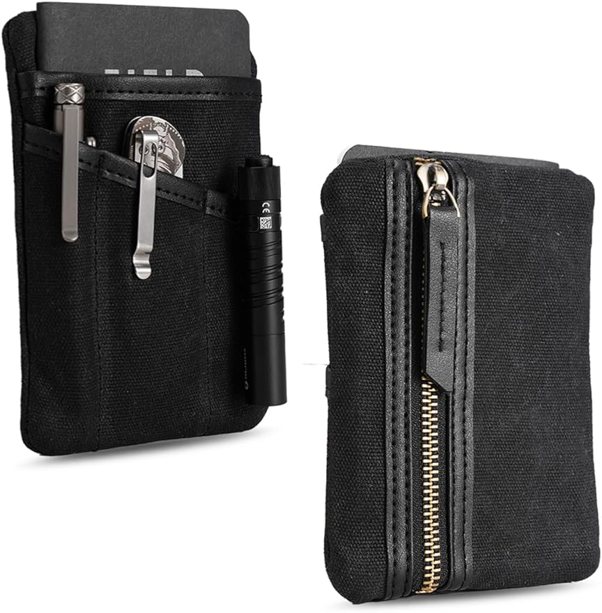 SP4 Waxed Canvas Compact EDC Pocket Organizer, Zippered Pocket Pouch for Men, Mini EDC Organizer for Change, Notebook, Tactical Pen, Flashlight