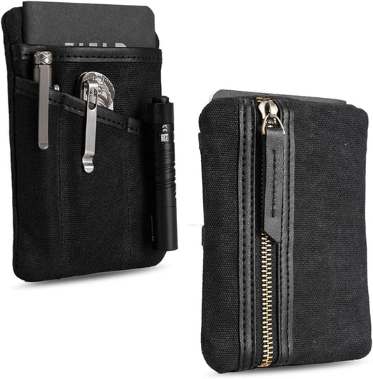 SP4 Waxed Canvas Compact EDC Pocket Organizer, Zippered Pocket Pouch for Men, Mini EDC Organizer for Change, Notebook, Tactical Pen, Flashlight