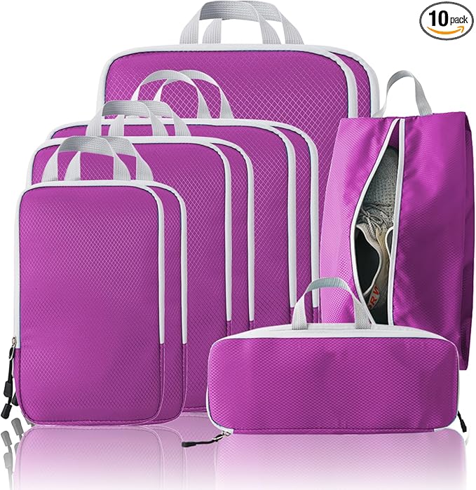 Compression Packing Cubes, 10 Set Packing Cubes for Travel Compression, Lightweight Compressible Package Organizer for Carry On and Suitcases, Purple and Grey