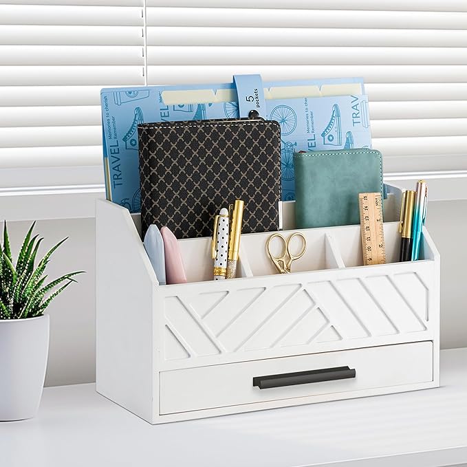 Wood Desk Organizer and Accessories with Drawer, Bill Mail Organizer and File Mail Holder for Office Supplies, Modern Desk Accessories & Workspace Organizers for Desk Organization