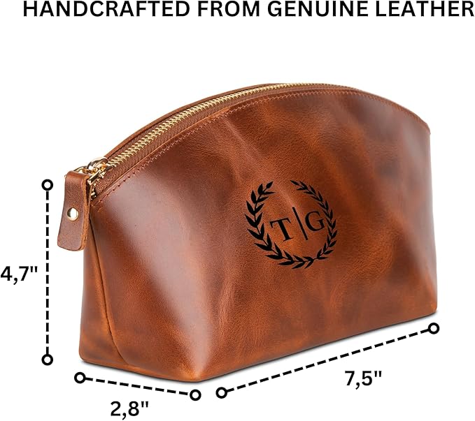 Blade Premium Personalized Genuine Leather Cosmetic Makeup Bag - Wedding Gift for Bridesmaid, Travel Organizer Clutch for Women with Zipper Pouch for Toiletry Essentials (Avanza Rustic)