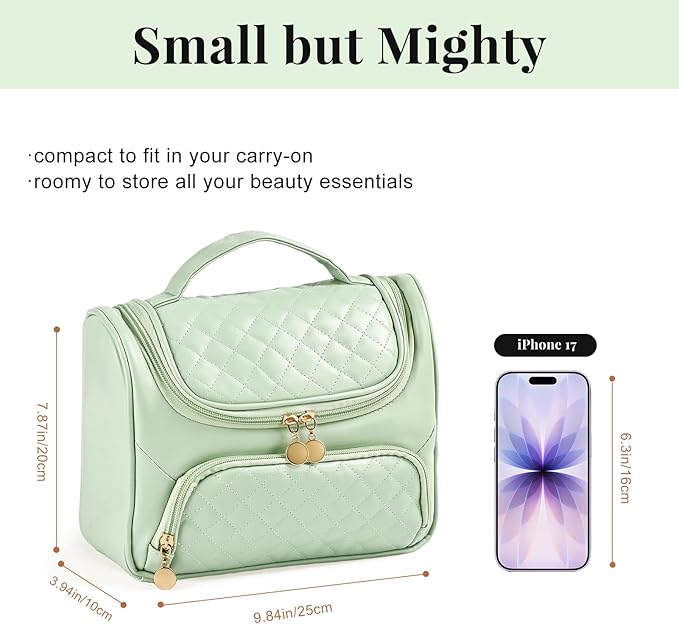 Greenfeather Cosmetic Bags for Women，Hanging Toiletry Bag with Makeup Brush Womens Travel Toiletry Bag for Women Essentials Travel Organizer for Full Sized Cosmetics and Toiletries Green