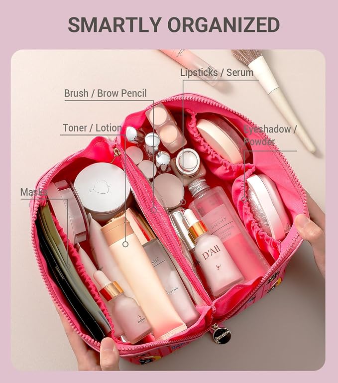 Aveniee Travel Makeup Bag for Women, Large Cosmetic Organizer with Open-Flat Design, Clear Divider & Handle - Waterproof PU Leather Toiletry Case (Moon Cat Pattern)