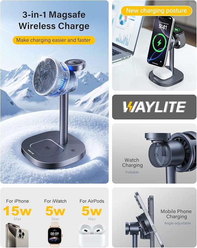 3 in 1 Wireless Charging Station for Apple MagSafe Charger Stand,15W Fast Phone and Watch Charger with TEC Cooling, Magnetic Wireless Charger for iPhone17 16 15 14 13, Apple Watch, AirPods, Gray