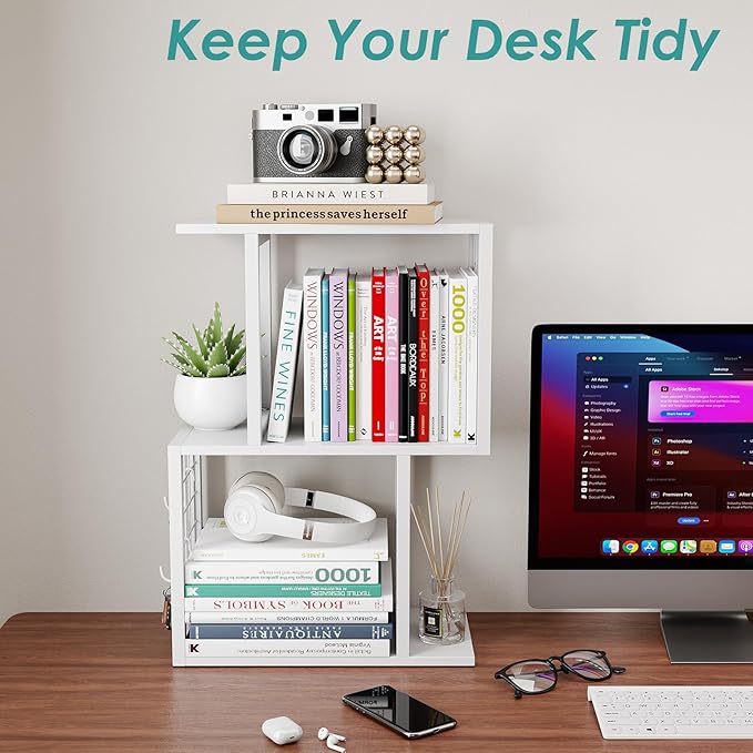 Desktop Bookshelf Organizer, White 3-Tier Desk Shelf with Metal Hook Workspace Organizers for Desk Organization and Office Storage Table Bookcase