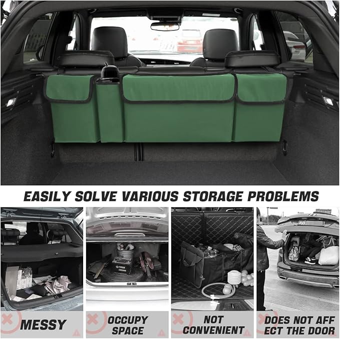 AUCELI Car Trunk Organizer, Backseat Hanging Large Storage with Adjustable Straps, Waterproof Collapsible Cargo Bag with 4 Pockets, Sturdy Space Saver Frees Trunk Floor for SUV, Truck, MPV