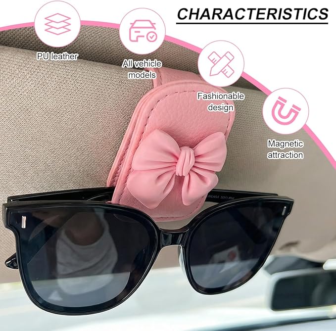Bittwee Sunglasses Holder for Car Visor, Magnetic Cute Bow Leather Sun Visor Eyeglasses Mount & Ticket Card Clip, Magnet Automotive Interior Glasses Hanger Organizer, Universal for Vehicles (Pink)