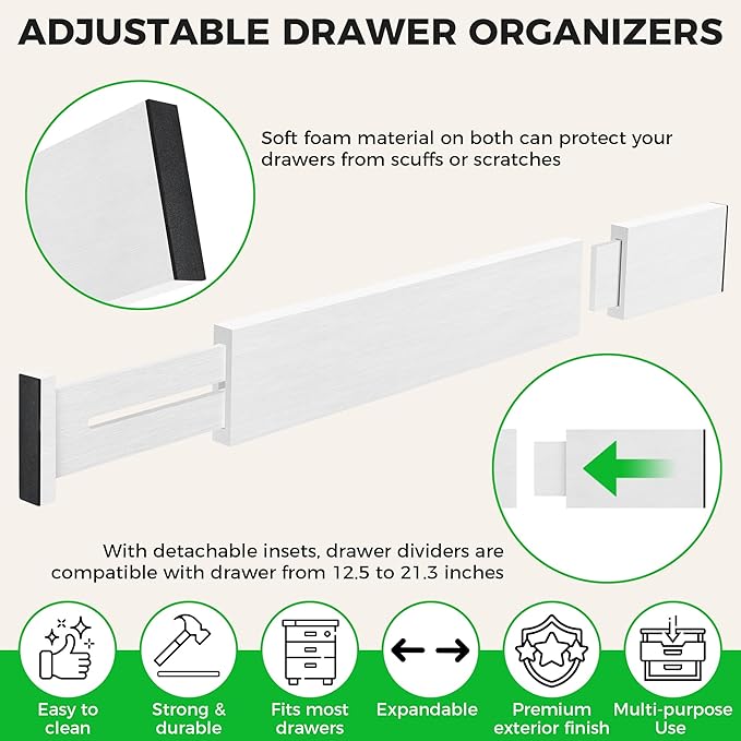 4 Pack Bamboo Drawer Dividers Organizer with Inserts 2.6'' High, Expandable from 12.5-21.7", Adjustable Drawer Organizer Separators for Utensils, Clothing, Office, Dresser, Bedroom, (White)