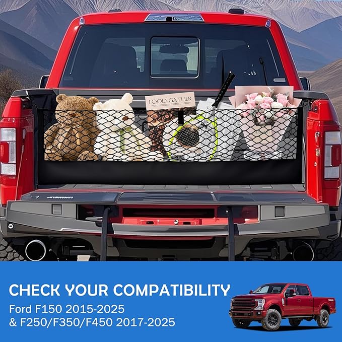 Truck Bed Cargo Net for 2015+ Ford F150 & 2017+ F250/F350/F450 Accessories, Envelope Style Trunk Mesh Cargo Net, Heavy Duty&Double-Layer Nylon Storage Netting Organizer(Not for Spray-in Liner Beds)
