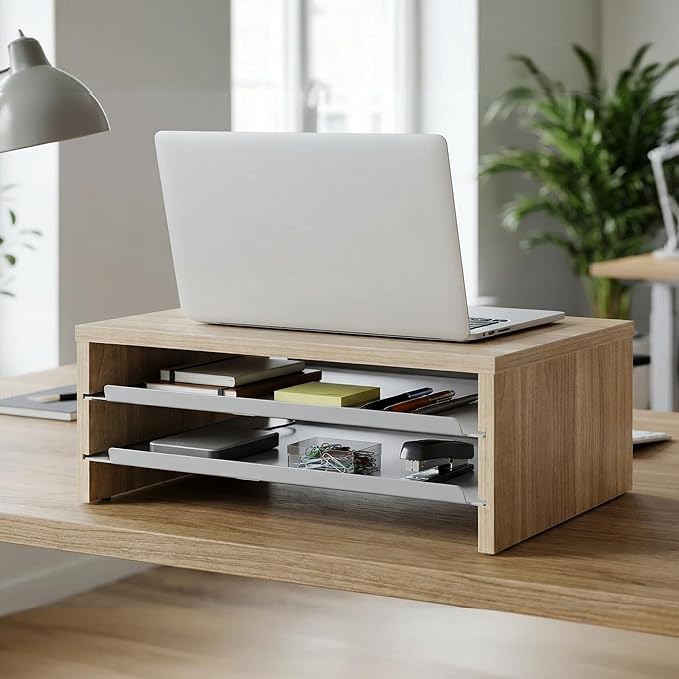Fenge Monitor Stand, 3-Tier Monitor Riser with Slide-Out Tray, Wooden and Metal Desktop Organizer for Home Office, Computer, Laptop, Printer, Telephone