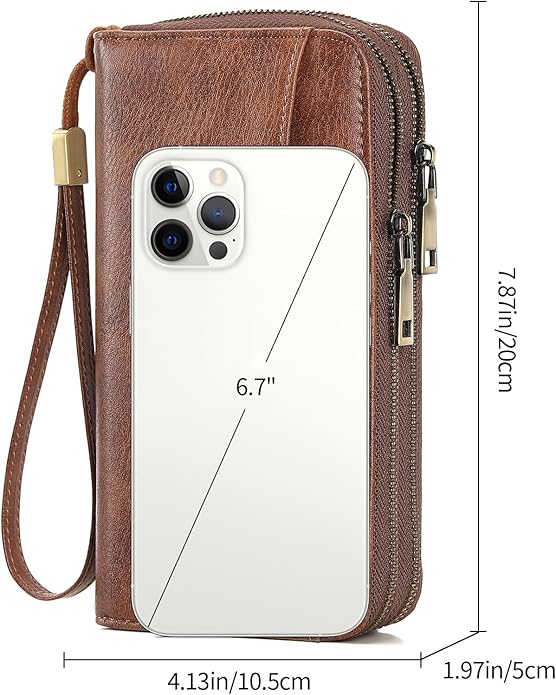 GAEKEAO Womens Wallet Large Capacity Double Zipper Ladies Card Phone Holder RFID Blocking Leather Clutch Wristlet Grip Strap