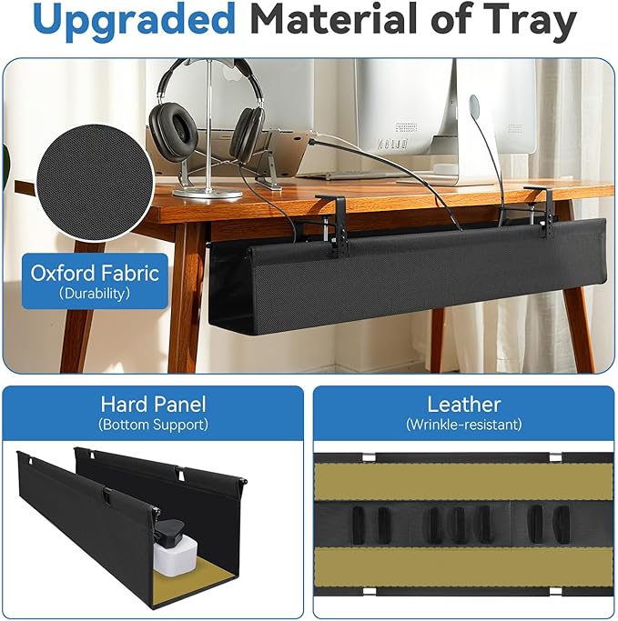 SHUWEI 48" Under Desk Cable Management Tray, Premium Fabric Cable Management for Desk, Clamp/Screw Mount Cable Tray for Office and Home, White
