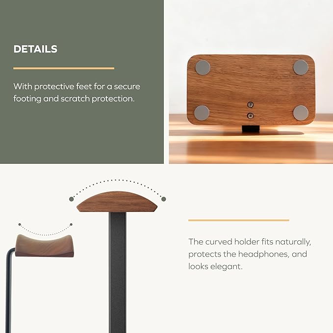muso wood Walnut Headphone Stand, Wood Headset Stand with Storage Base, Headphones Holder for Gaming, Office, and Home Desk - Compatible with AirPods Max, Bose, Razer (Black)
