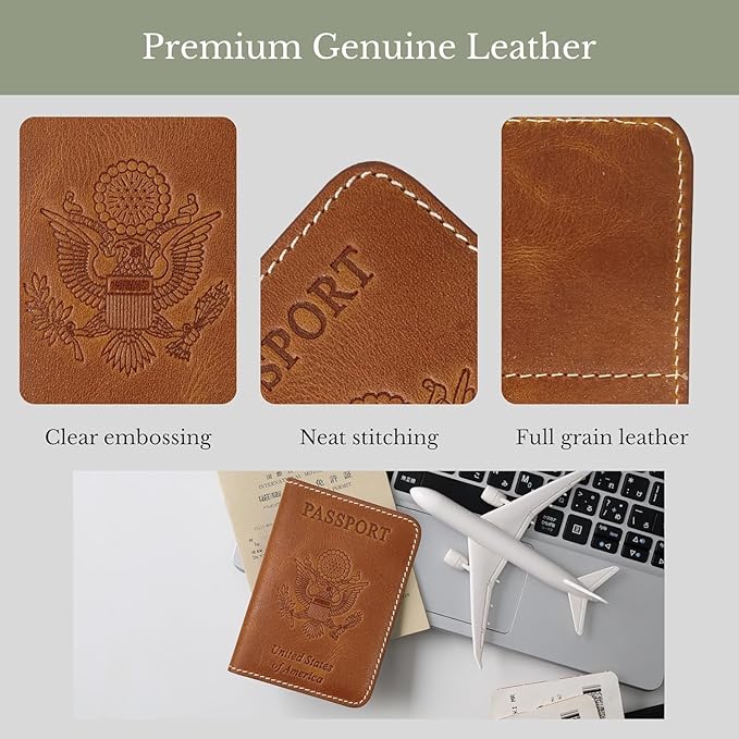Passport Holder for Travel | Premium Leather Passport Cover & Protector | Stylish Travel Document Organizer with Embossed US Seal | Unisex Case with Slots for Cards & Boarding Passes - Brown